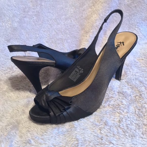 Fioni Shoes - Fioni | Black Satin Open-Toed Slingback Heels